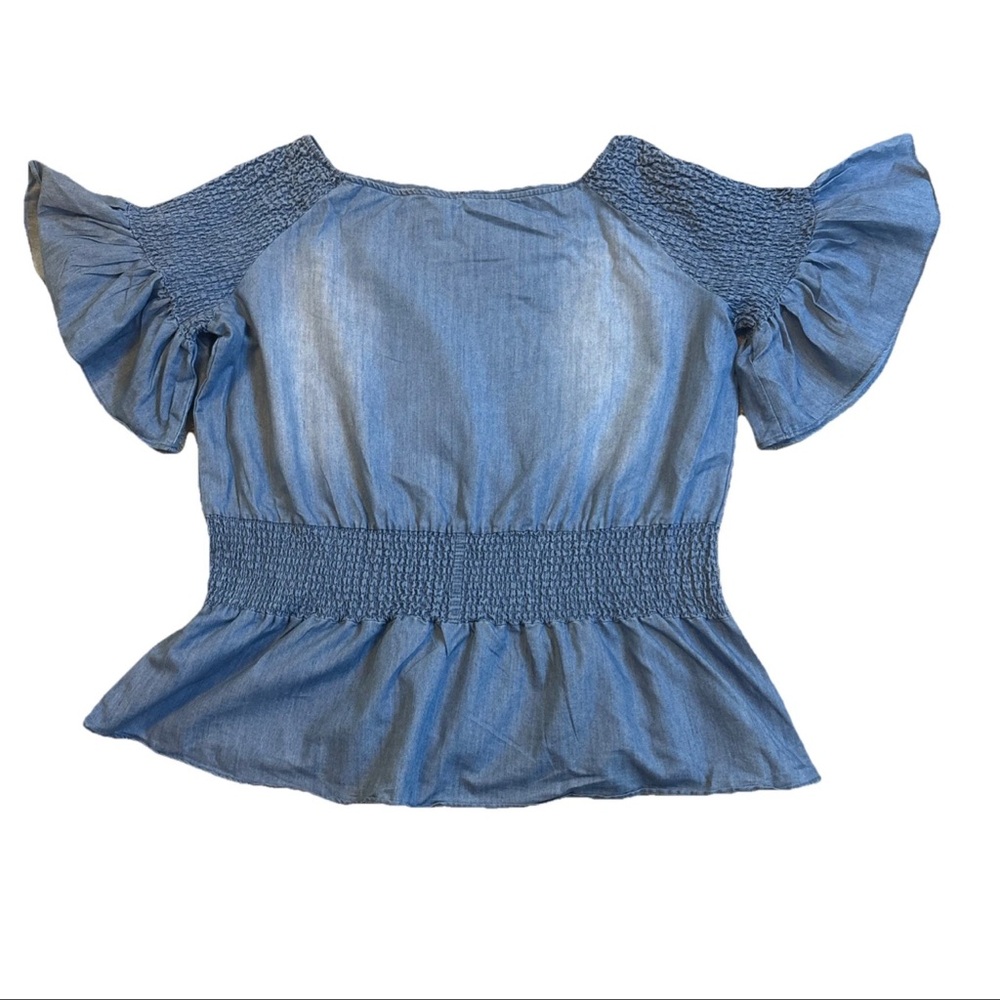 Ashley Stewart Smocked Peplum Stonewash Jean Blouse Flare Sleeve Fairy SZ 18/20 - Picture 7 of 16